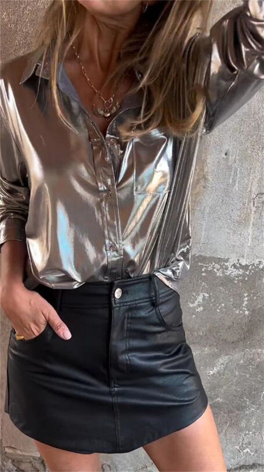 Lapel Long Sleeve Lustrous Shirt