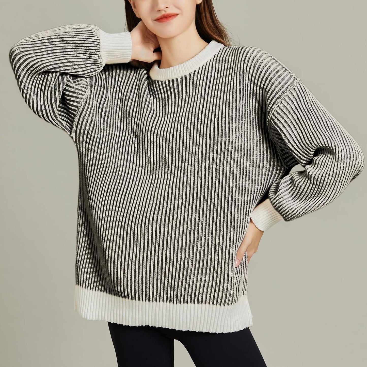 Women Striped Round Neck Rib Knit Blouse Sweater