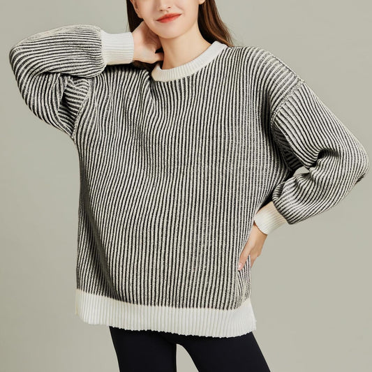 Women Striped Round Neck Rib Knit Blouse Sweater
