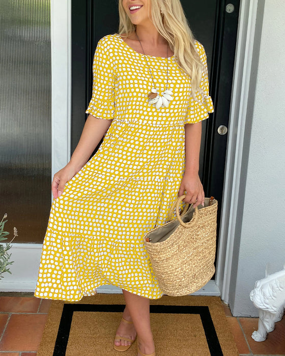 🎁💥Round Neck Polka Dot Print Midi Dress