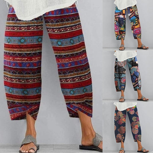 Women Printed Cotton Linen Wide Leg Drawstring Waist Capris Crop Pants