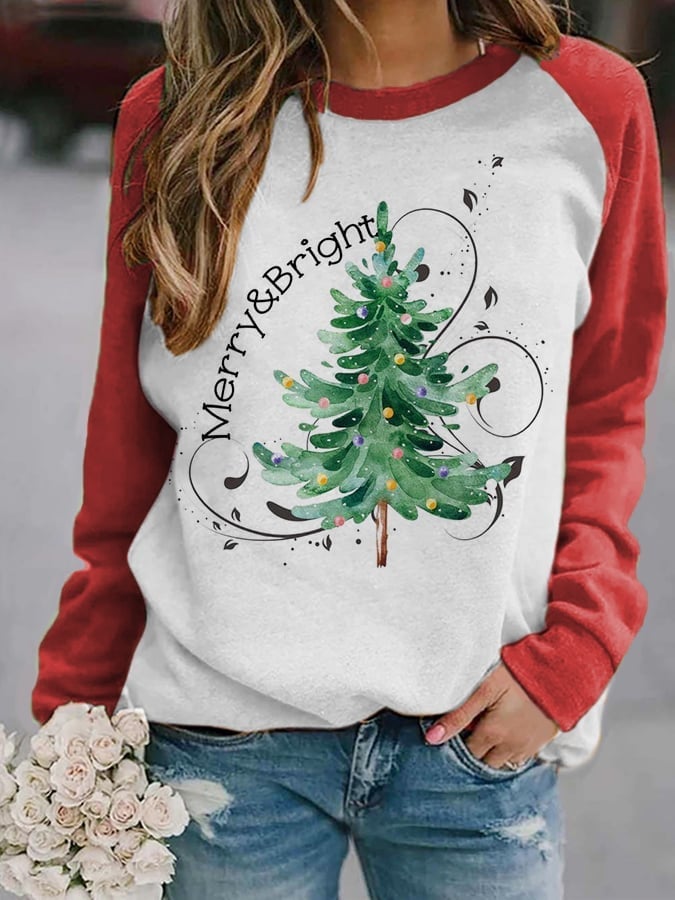 🎄Women's Merry And Bright Christmas Tree🎄Print Casual Sweatshirt
