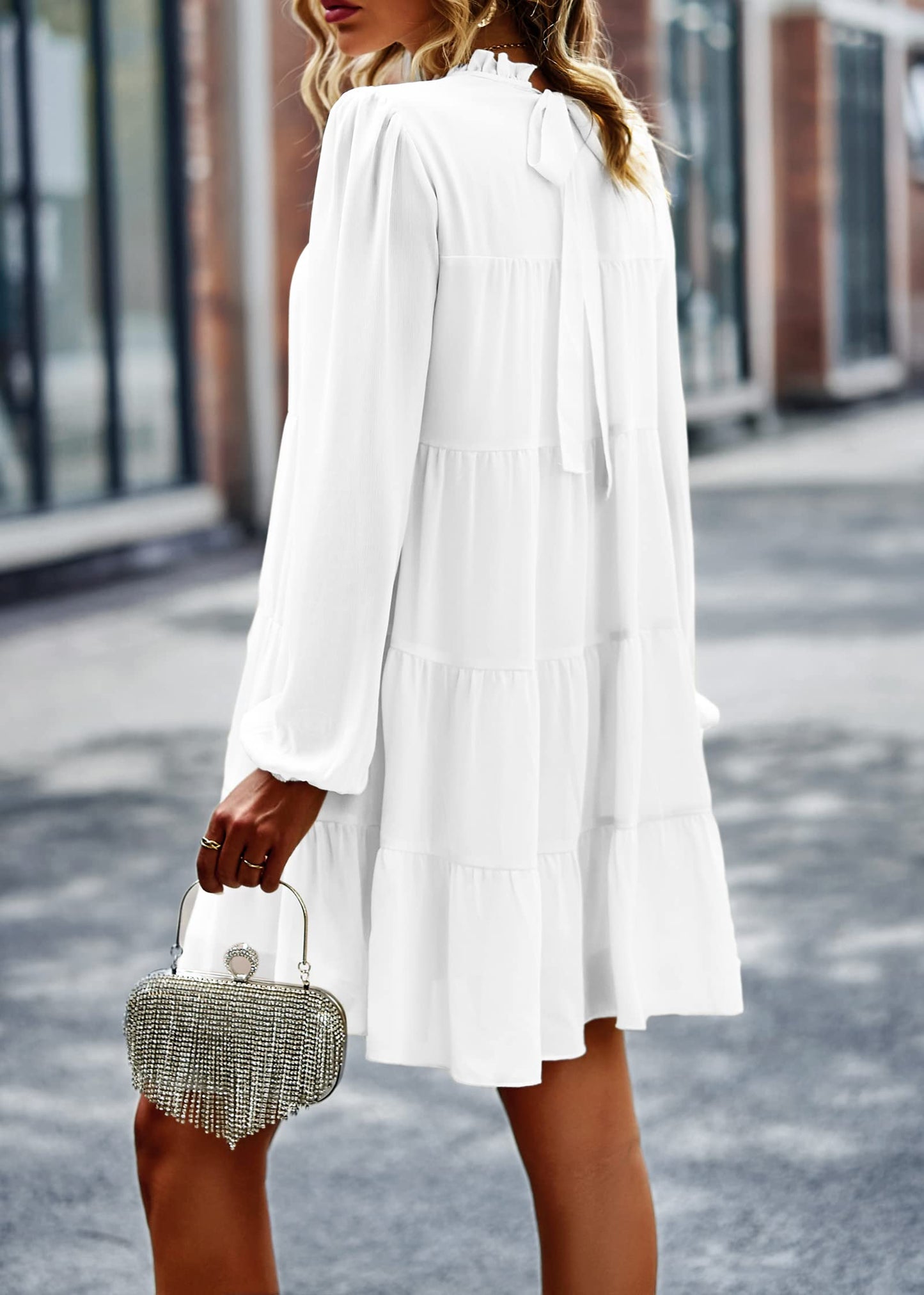 Womens Casual Long Sleeve Mock Neck Ruffle Tiered Babydoll Dress