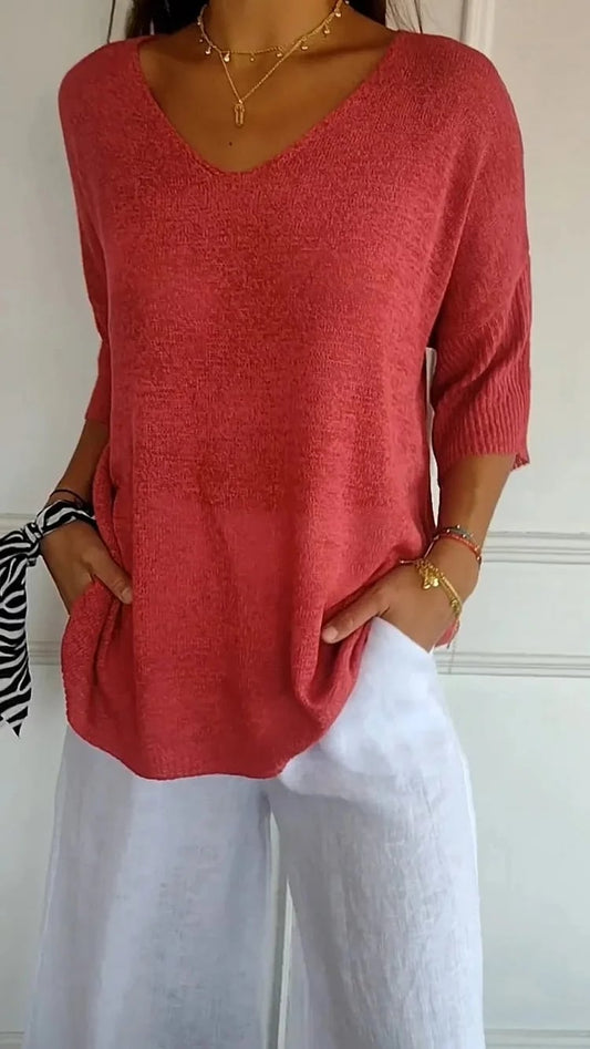 💖Solid Color Knitted V-neck Top