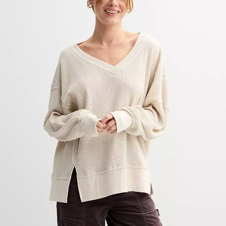 Oversized Waffle V Neck Top