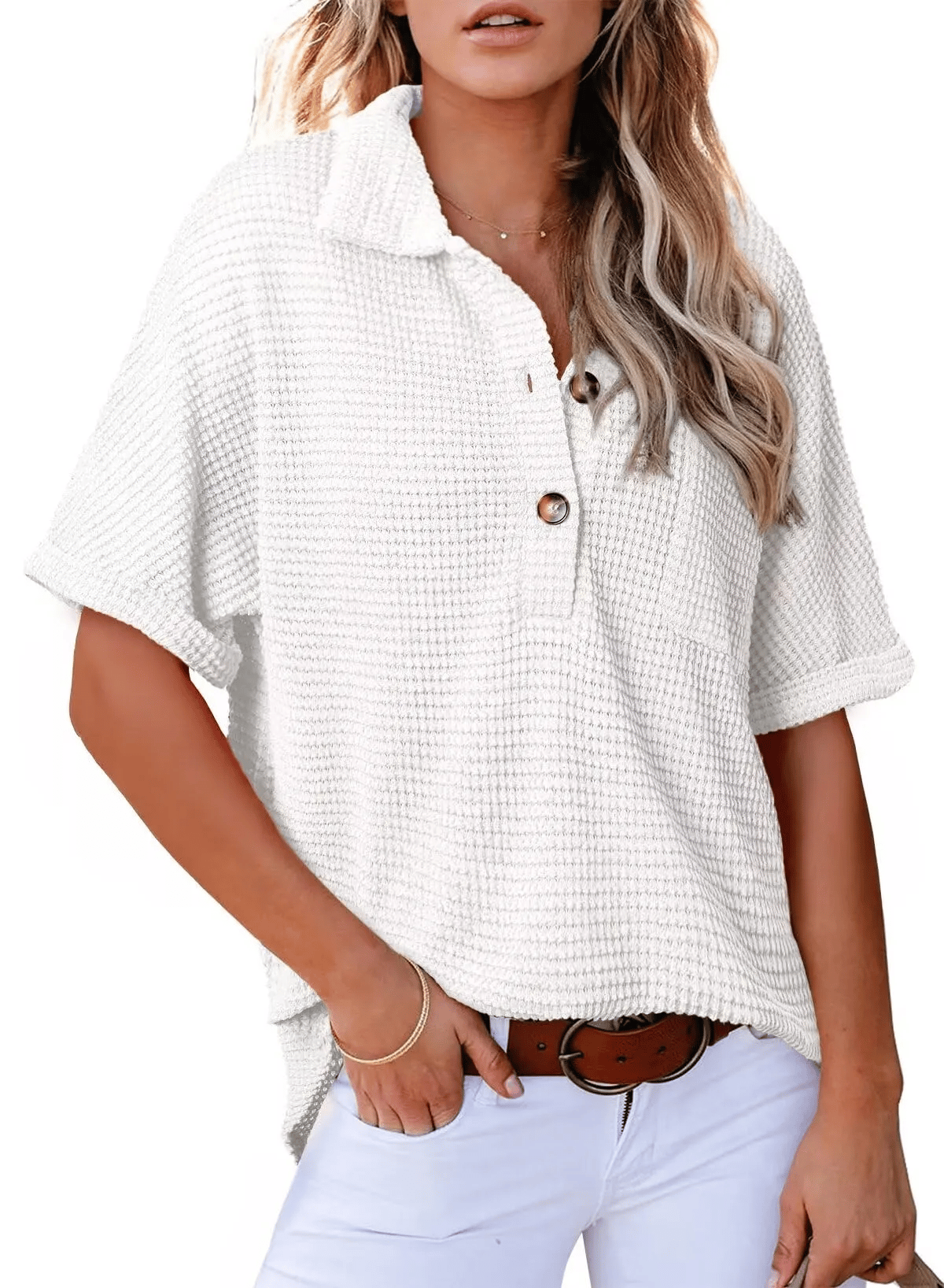 ✨ New Women's Waffle Knit Short Sleeve Tunic Henley Shirts