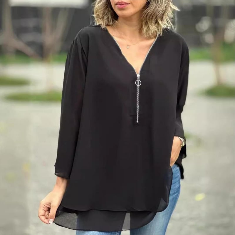 💗 Women's double layered top with V-neck and soft zipper closure
