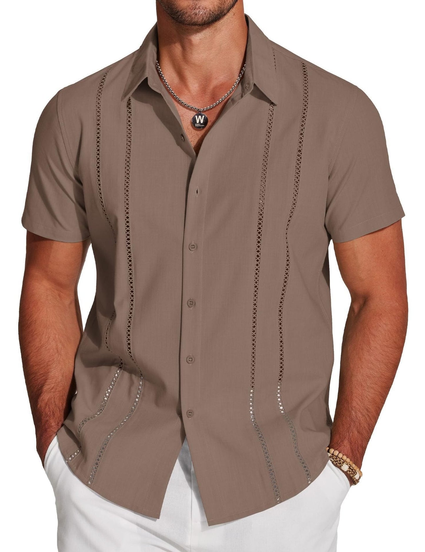 Men's Cuba Guayabera Exquisite Hollow Embroidered Button Front Shirt