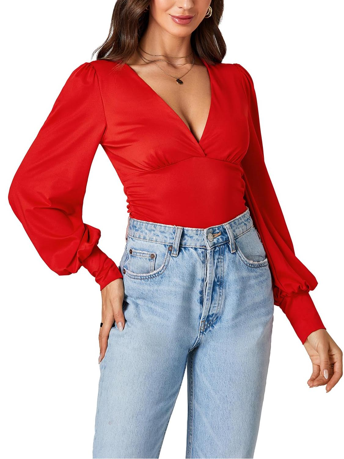 Women V-Neck Elegant Long Sleeve  Slim Top Blouse