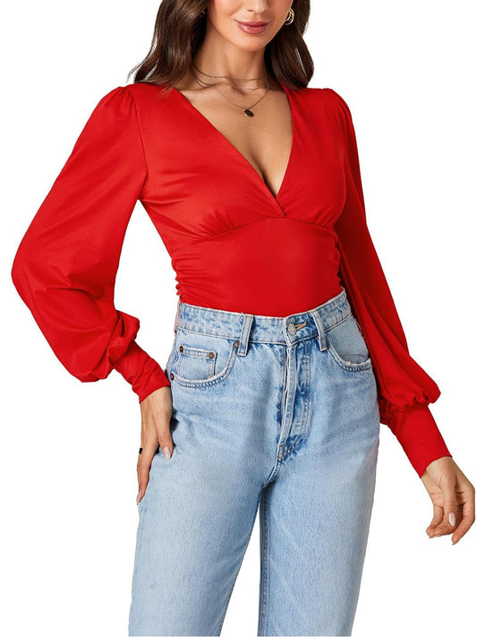 Women V-Neck Elegant Long Sleeve  Slim Top Blouse