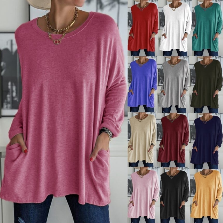🔥Round Neck Long Sleeve Pocket Solid T-Shirt🔥