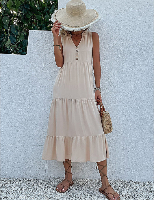 Button Detail Layered Hem Smock Dress