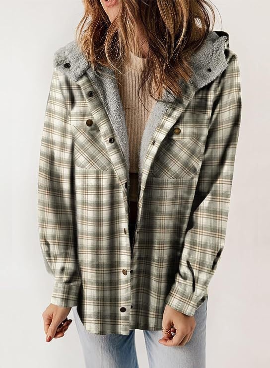 Women's Autumn/Winter Plaid Jacket Long Sleeve Buckle Wool Hooded Jacket Warm Coat