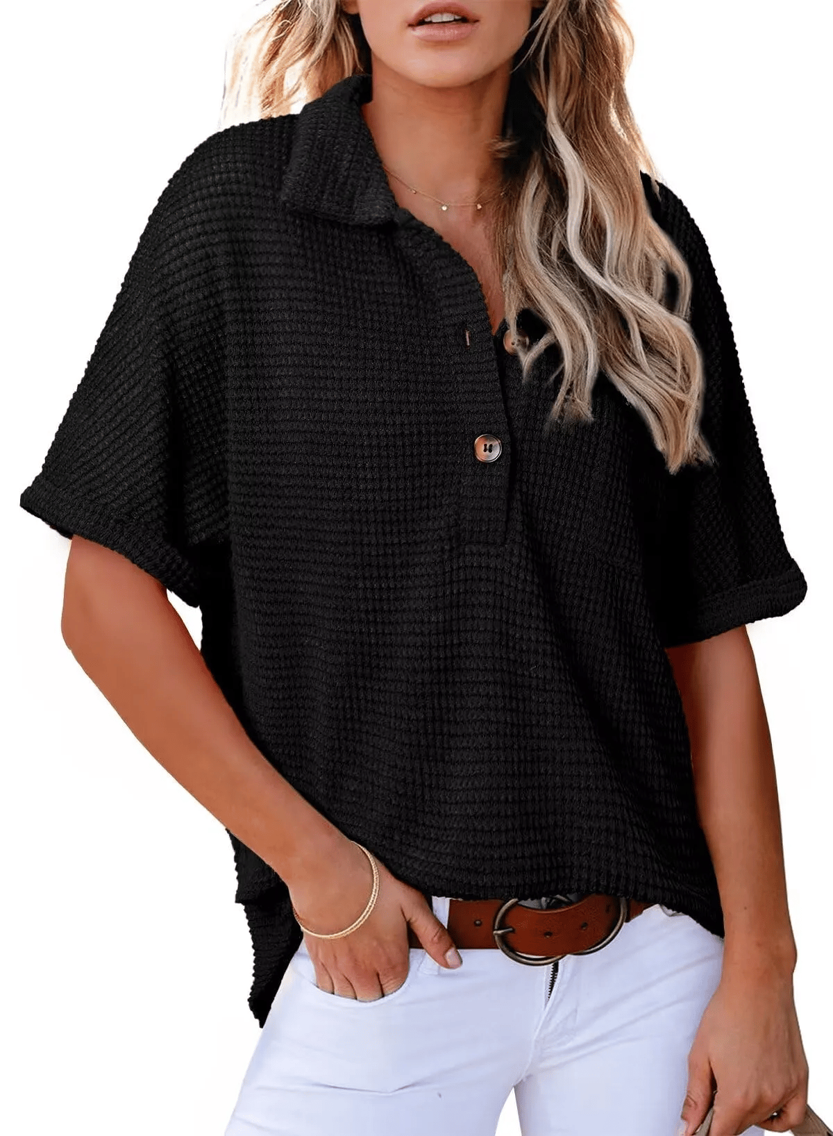 ✨ New Women's Waffle Knit Short Sleeve Tunic Henley Shirts