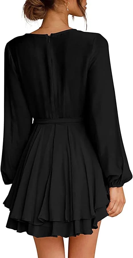 🔥V-Neck Waist Tie Ruffle Mini Swing Skater Dresses❤️