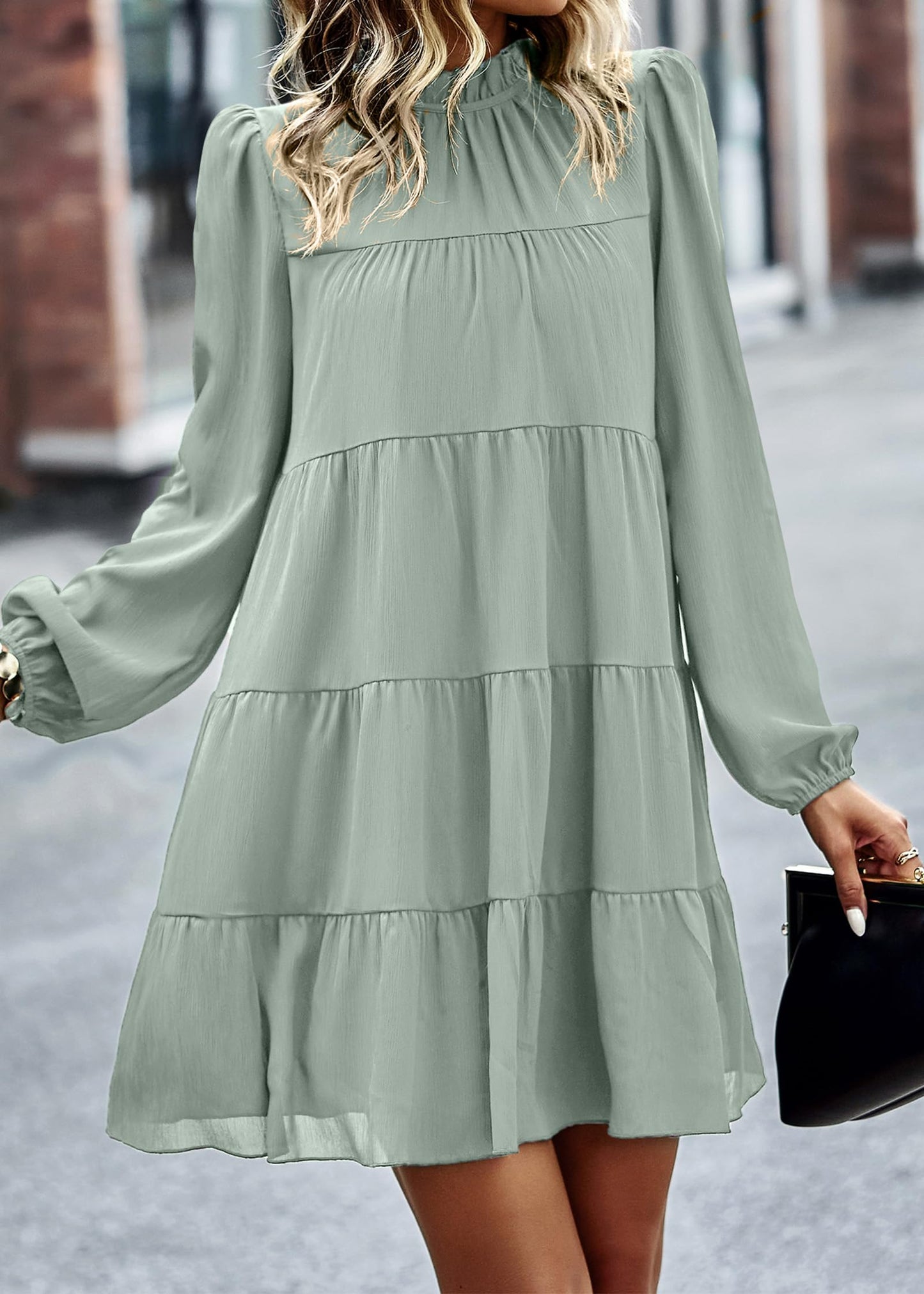 Womens Casual Long Sleeve Mock Neck Ruffle Tiered Babydoll Dress