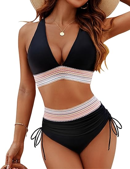 💃High Waisted Tummy Control Color Block Bikini Sets