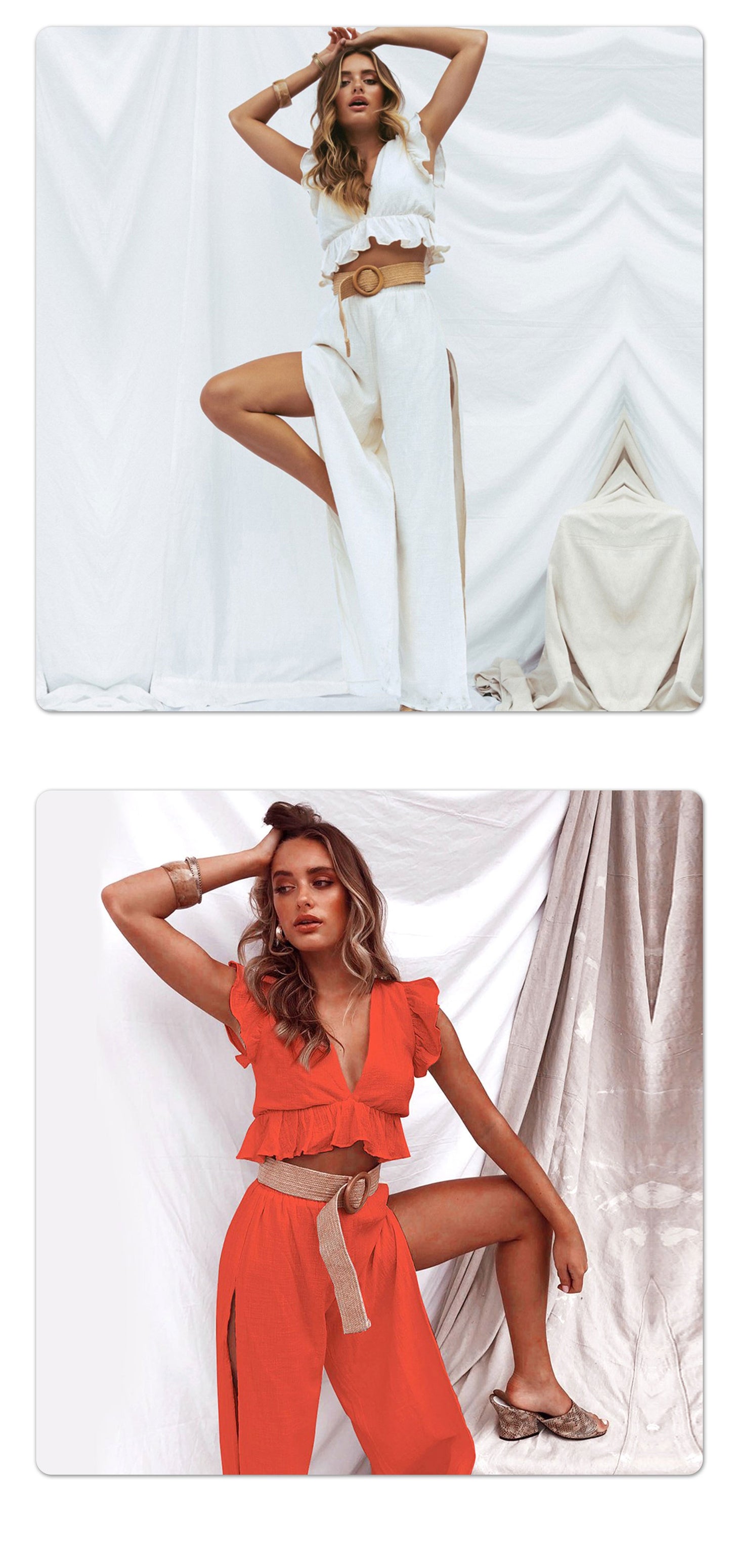 🔥Womens 2 Pieces Outfits Deep V Neck  Side Slit  Wide Leg Pants Set