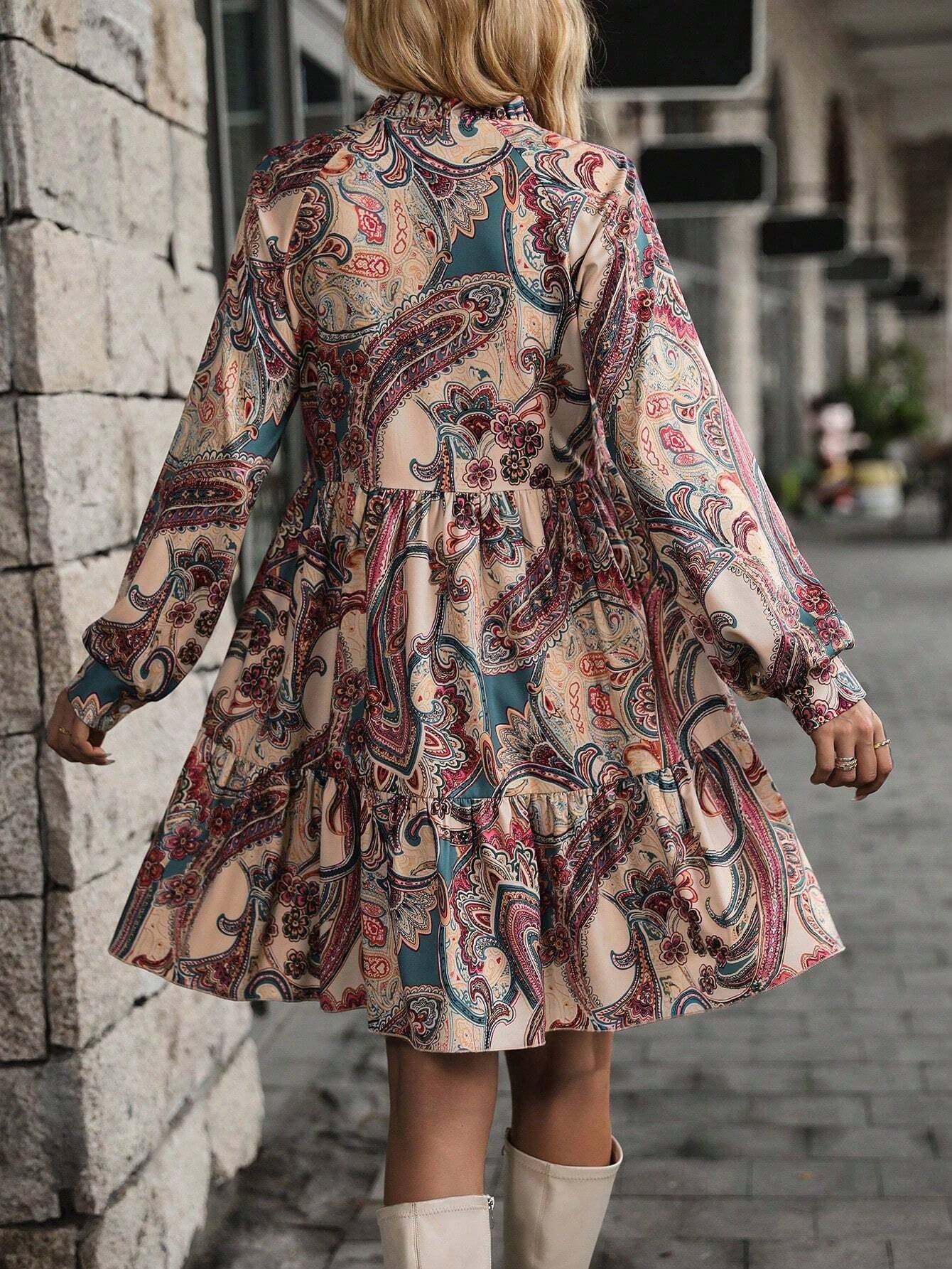 Women's Paisley Print Lantern Sleeve Ruffle Hem Smock Dress
