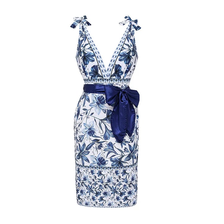 V Neck Lace Up Strip Plant Prints One Piece Swimsuit and Skirt/Sarong