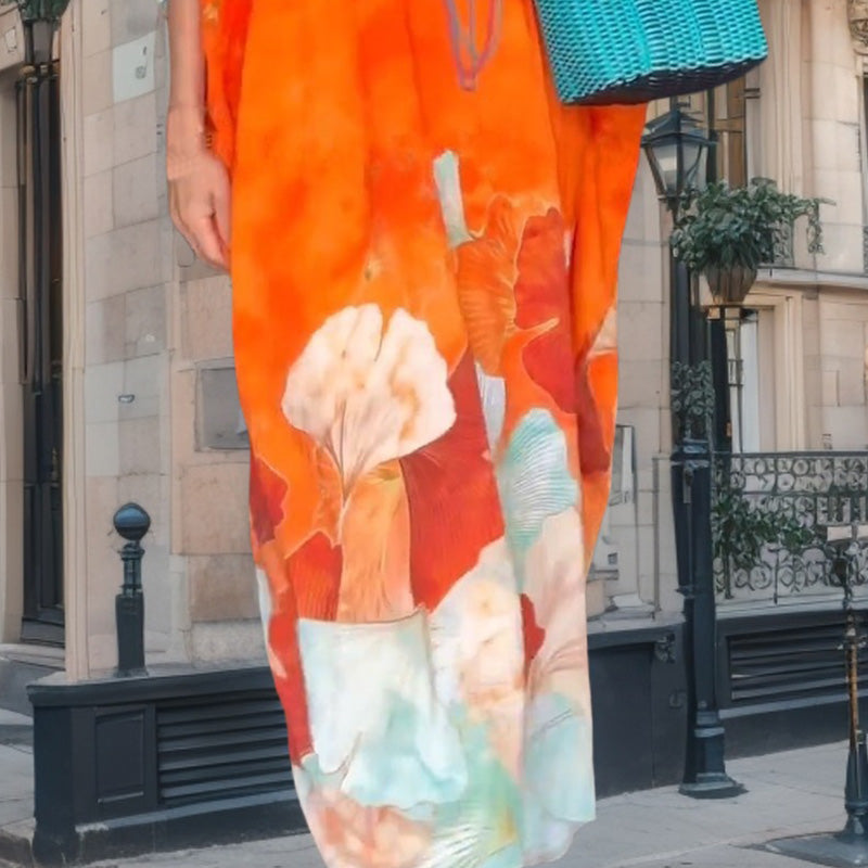 🔥Floral Print Loose Long Dress with Half Sleeves