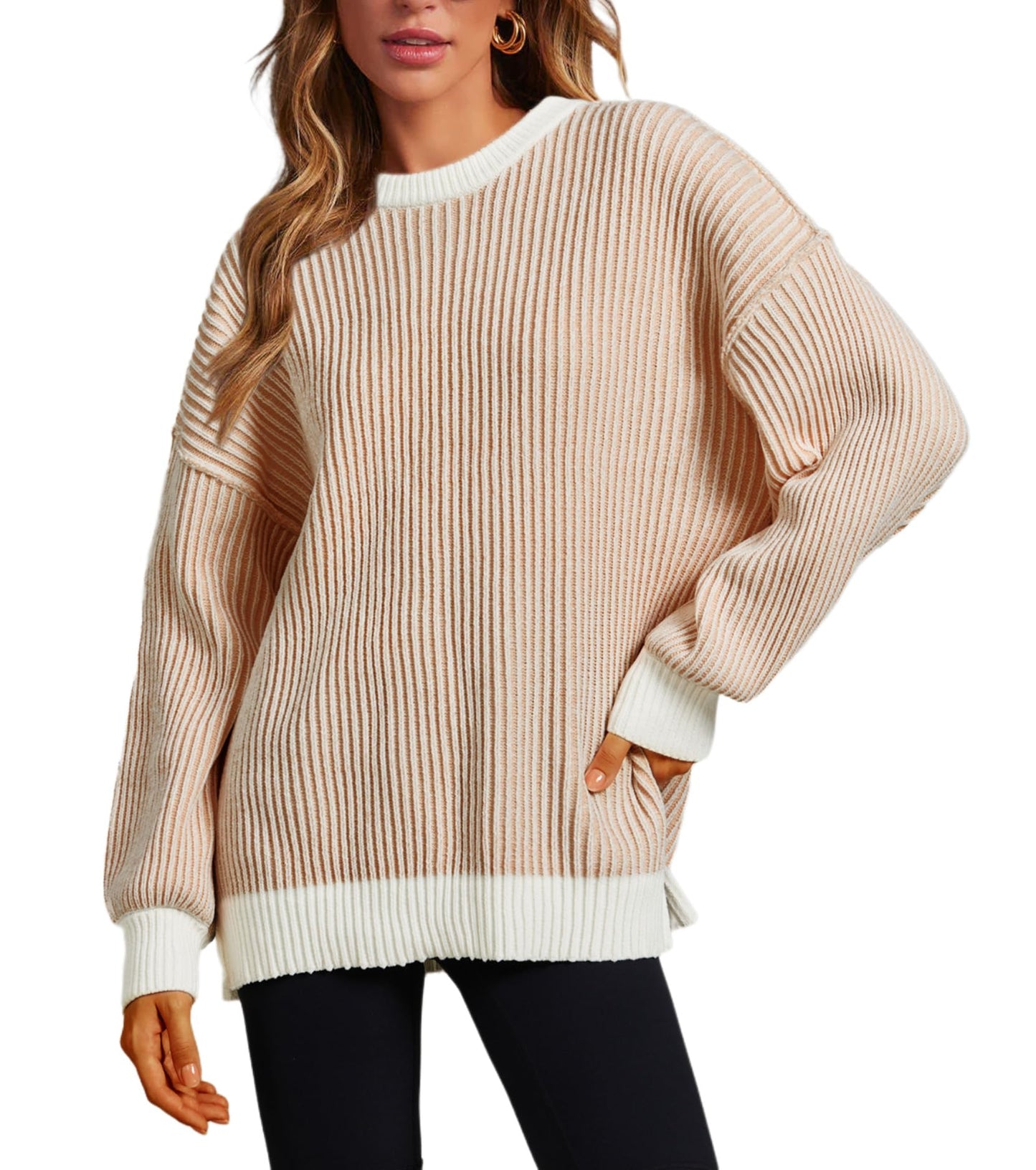 Women Striped Round Neck Rib Knit Blouse Sweater