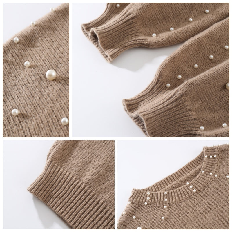 🔥Women's Faux Pearls Round Neck Pullover Sweater