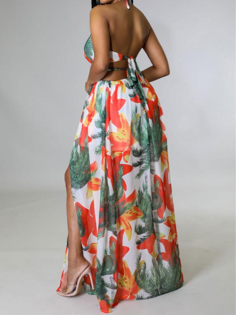 Women's Floral Print Chain Decor Split Thigh Tie Back Cami Dress