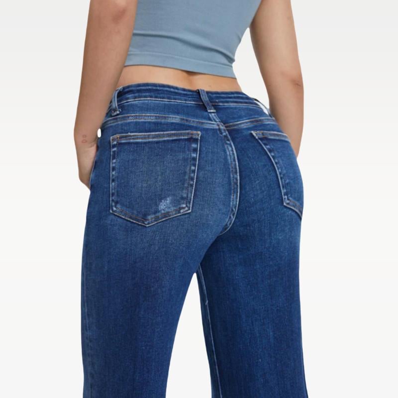 New Mid-Low Rise Tummy Control Curve-Hugging Plus Size Stretch Distressed Wide-Leg Jeans