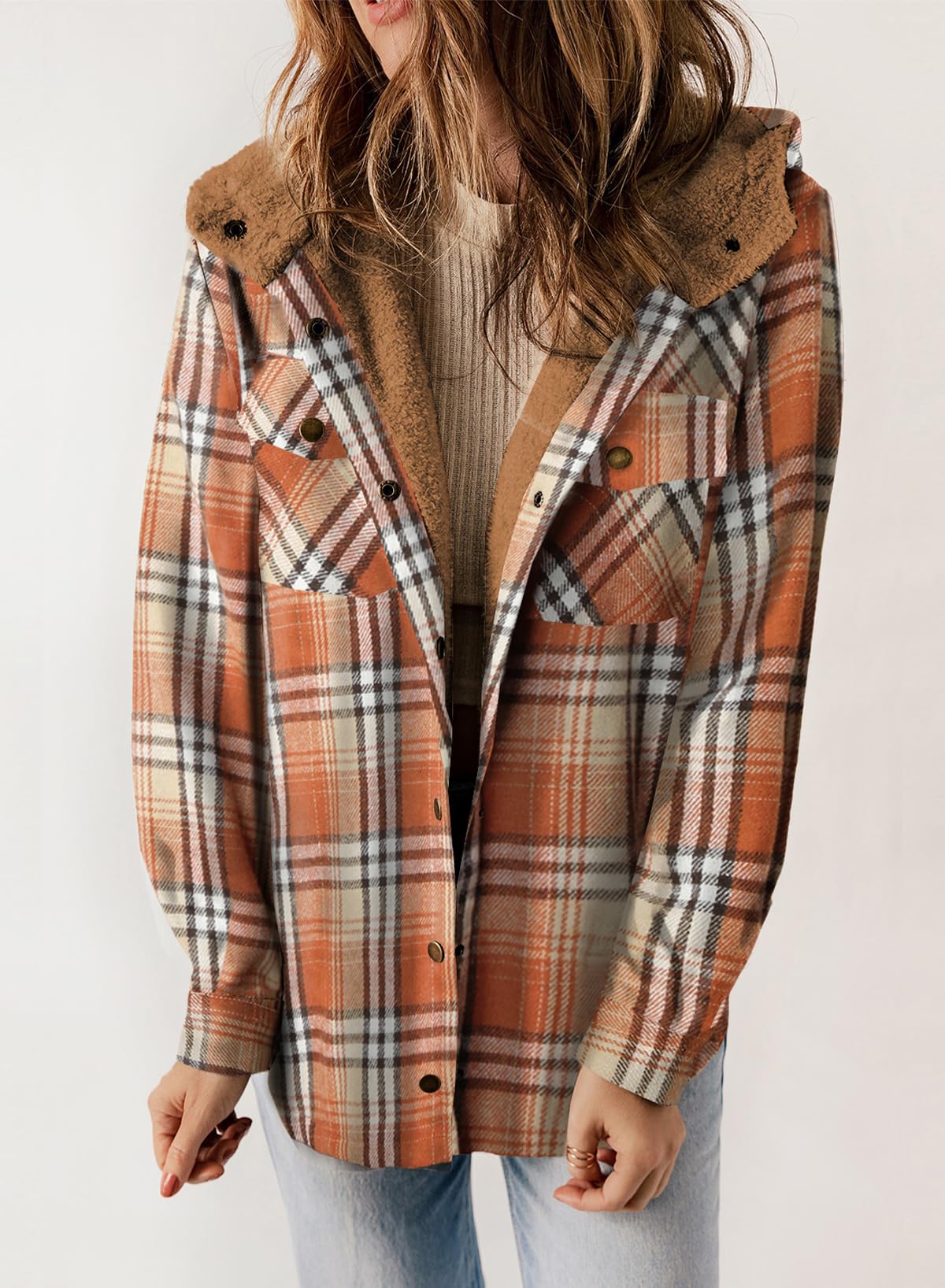 ⏰Hot Sale-Women's Plaid Long Sleeve Button Fleece Hooded Jacket
