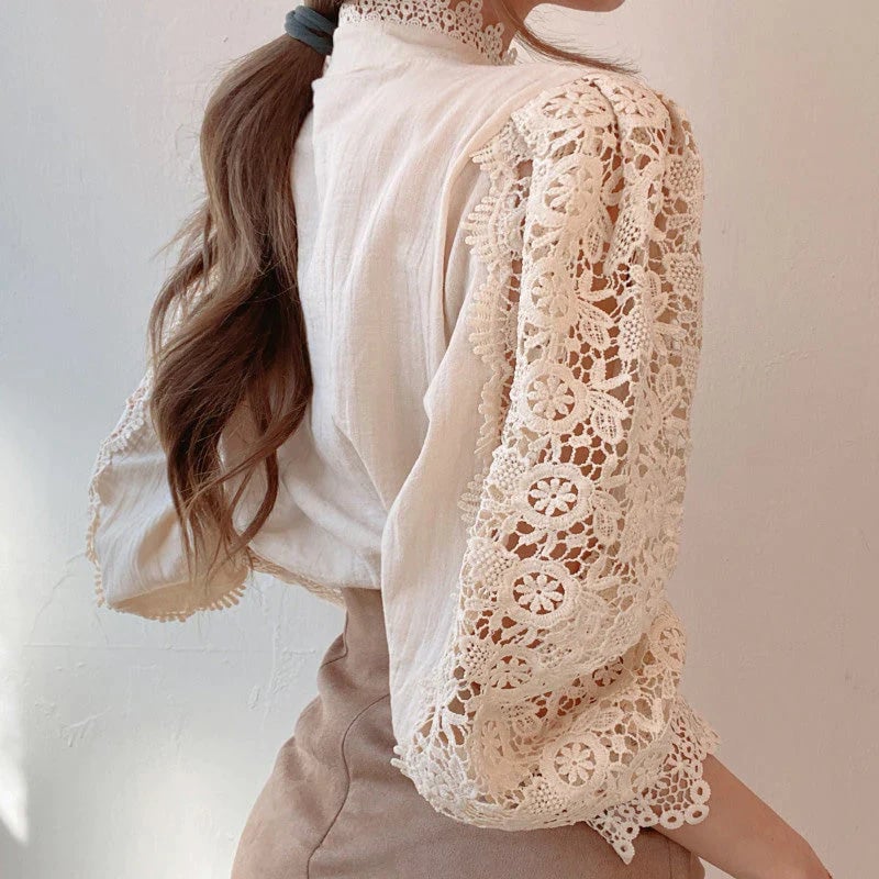 Hollow Floral High Neck Blouse