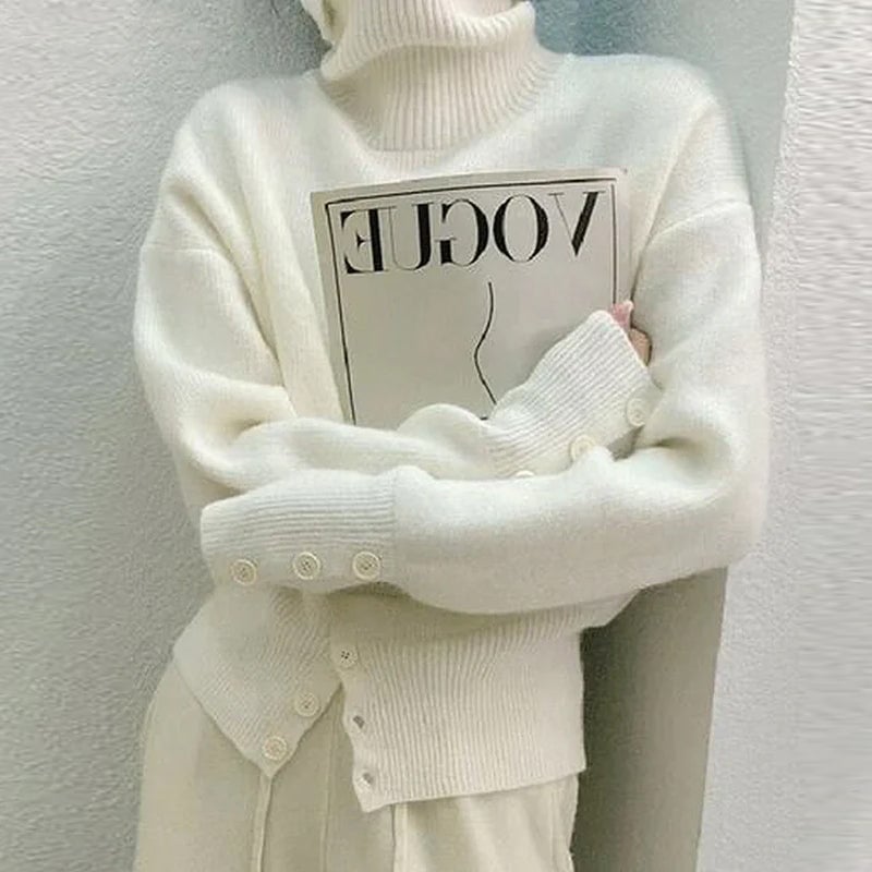 Women's Solid Color Turtleneck Sweater with Buttons