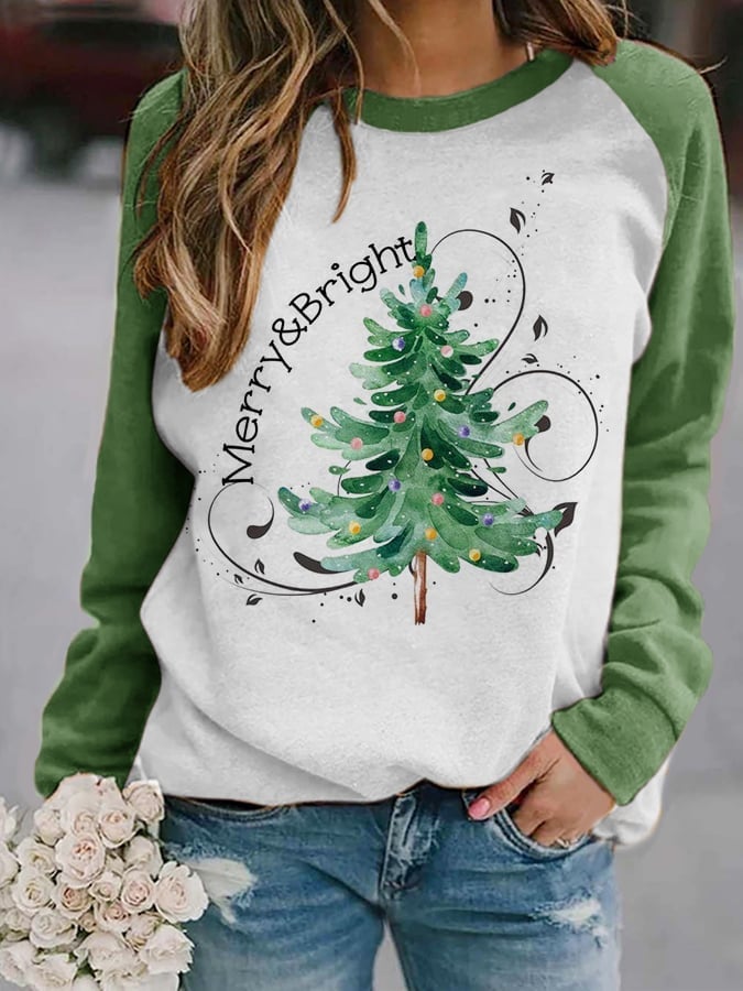 🎄Women's Merry And Bright Christmas Tree🎄Print Casual Sweatshirt
