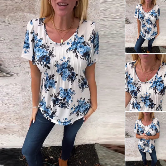 Vrouwen Loose Ronde Hals Korte Mouw Bloemen Blouse