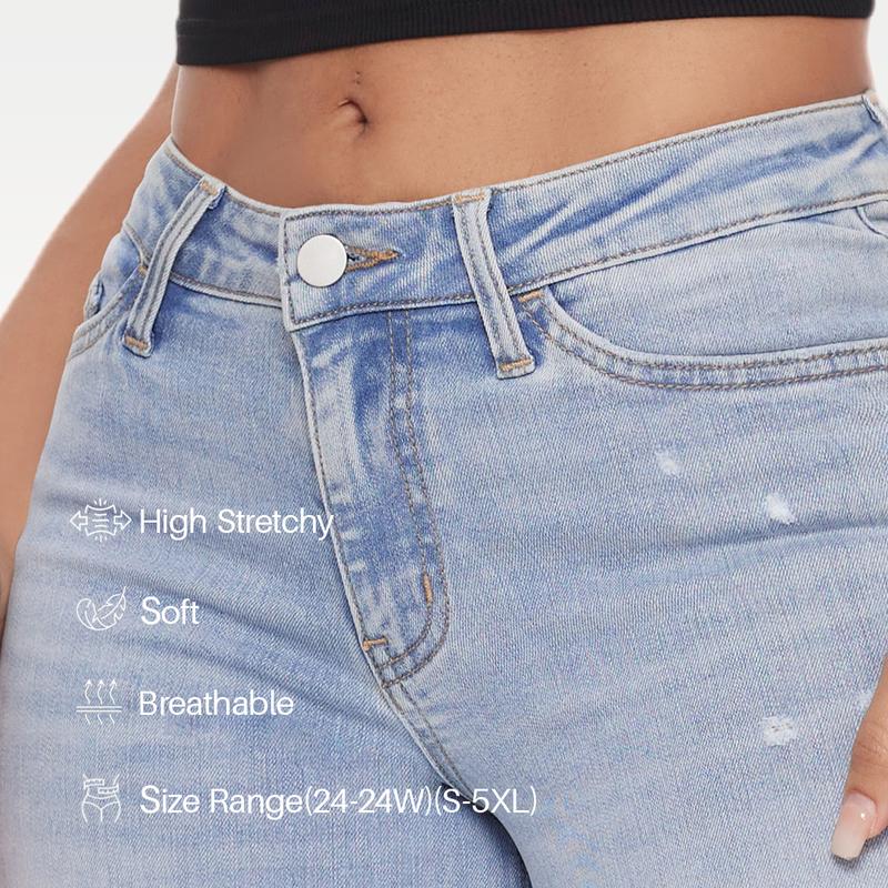New Mid-Low Rise Tummy Control Curve-Hugging Plus Size Stretch Distressed Wide-Leg Jeans