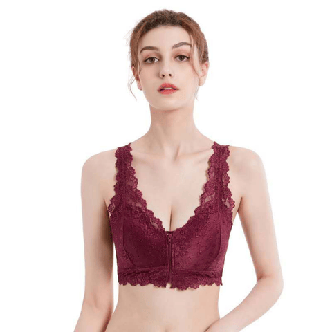 Wireless lace front zip bra