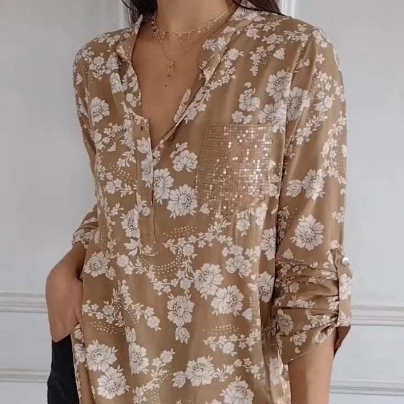 🌸 Women's Floral Print Long Sleeve Blouse with Sequin Pocket