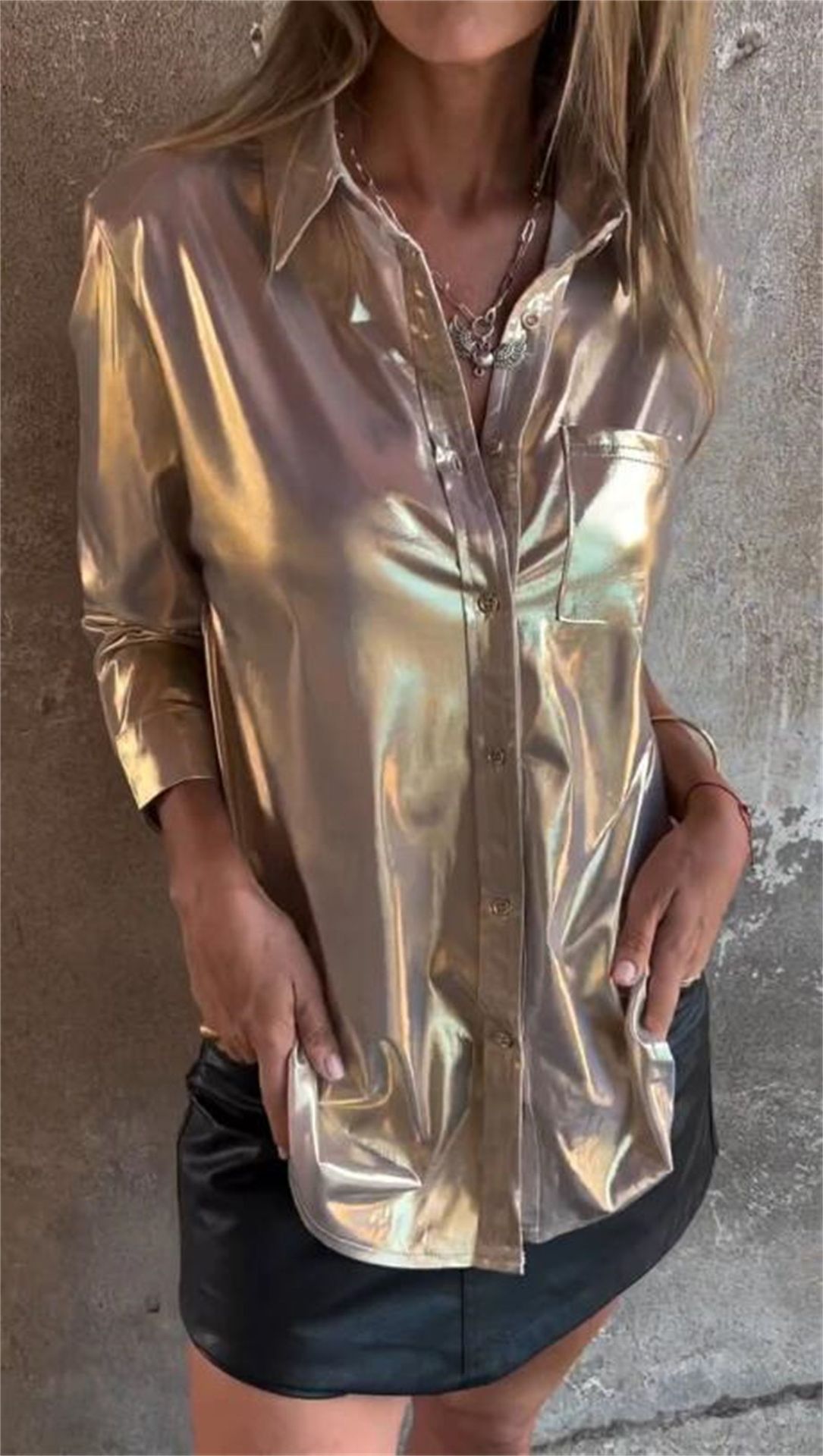 Lapel Long Sleeve Lustrous Shirt