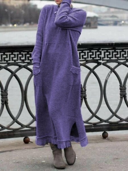 round neck pullover lace loose knitted long dress