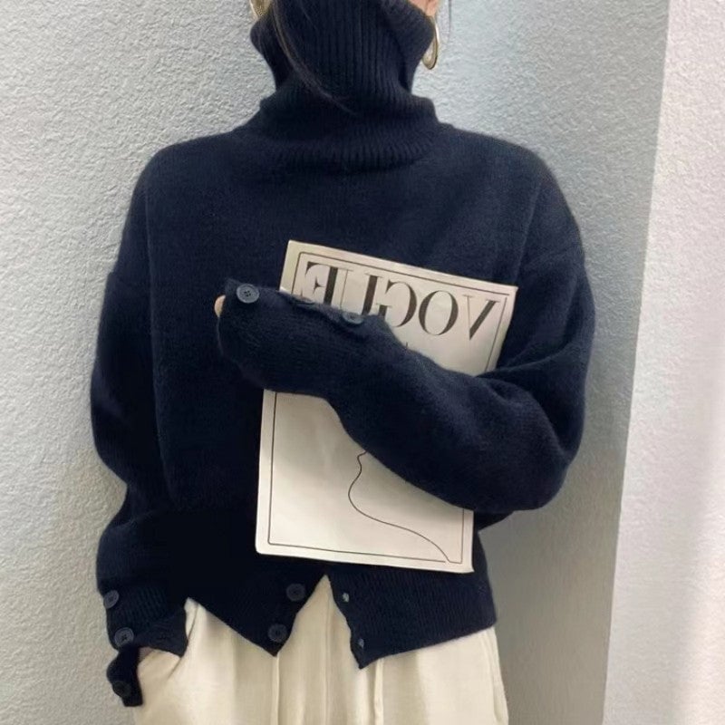 Women's Solid Color Turtleneck Sweater with Buttons