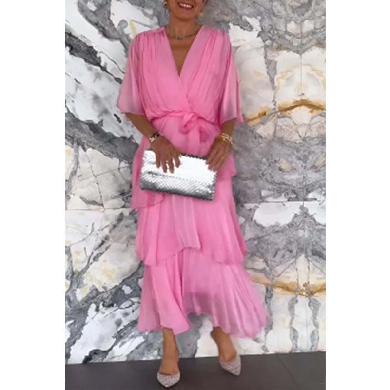 💐 Elegant layered dress with V-neckline, wrap around waist and tie