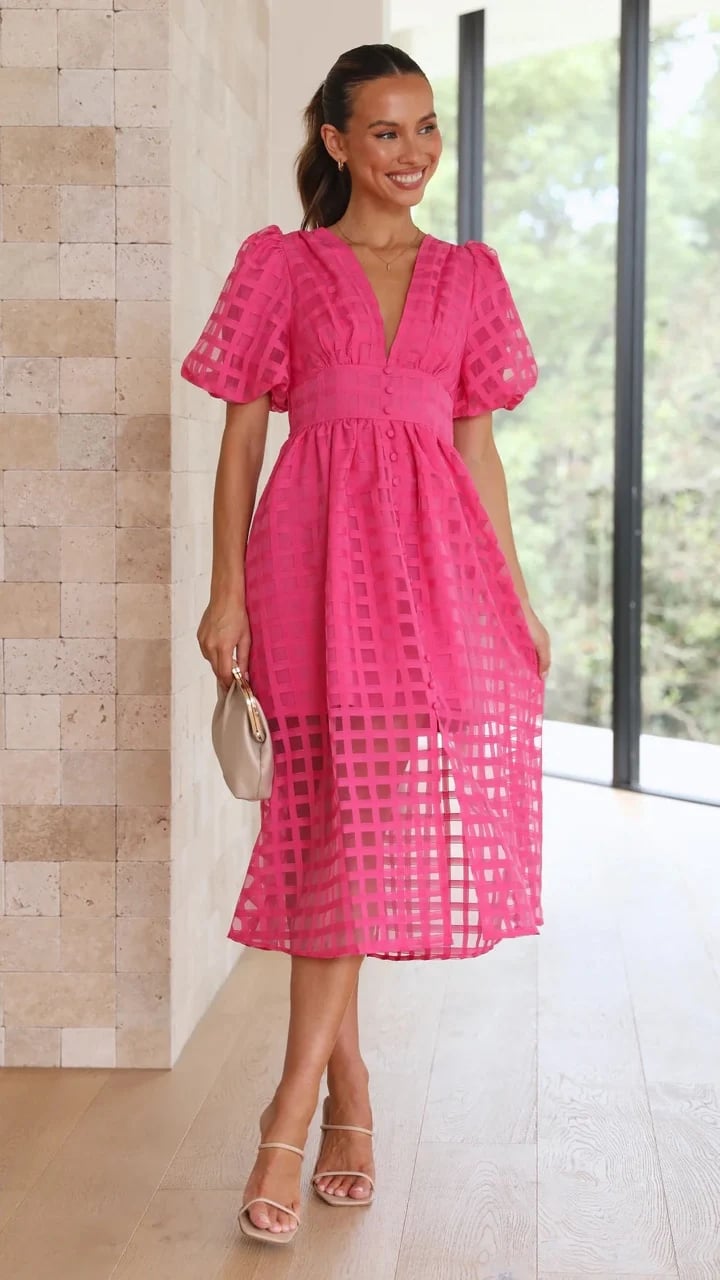 🔥🔥 Beauty Square Patterned Fabric Puff Sleeve Midi Dress