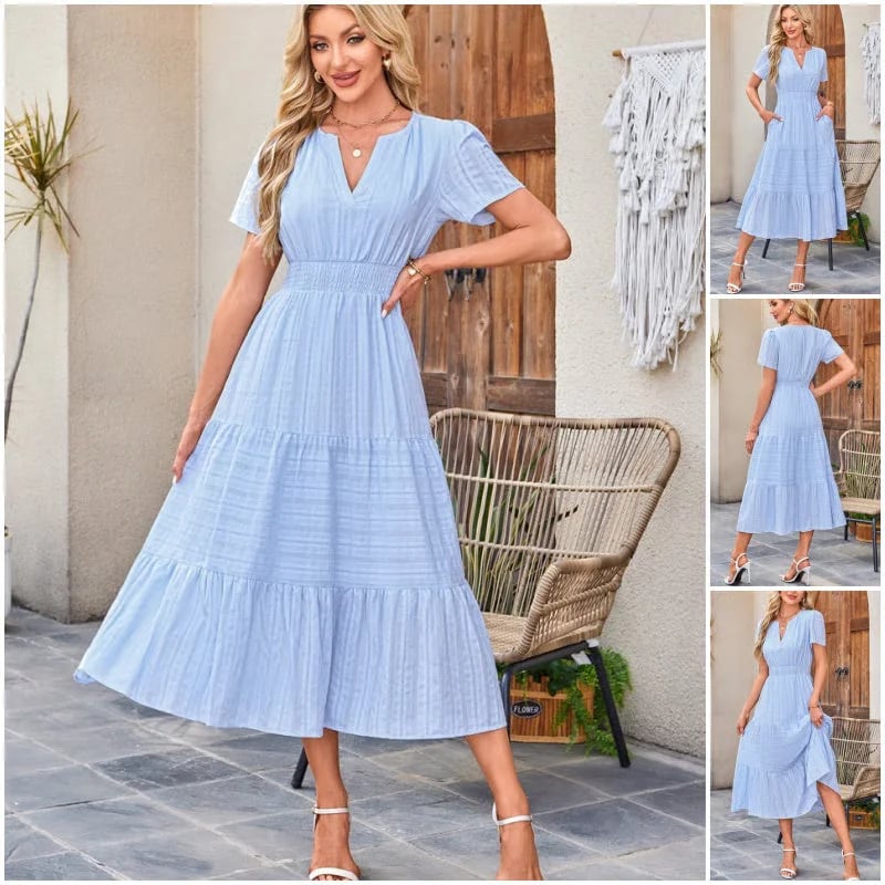 🌷Women's Casual Spring Short Sleeve V Neck Maxi Dress