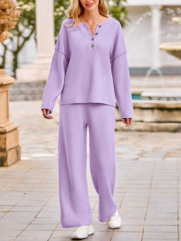 Women's Long Sleeve Button Knit Pullover Sweater and Pants Lounge 2 Piece Outfit Sets