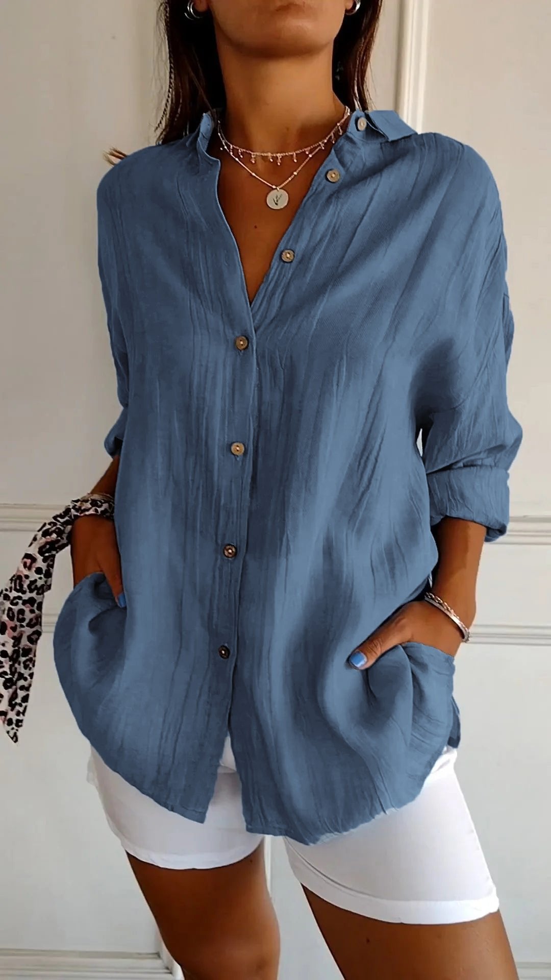 ✨Women's Cotton and Linen Casual Single-Breasted Pleated Lapel Shirt