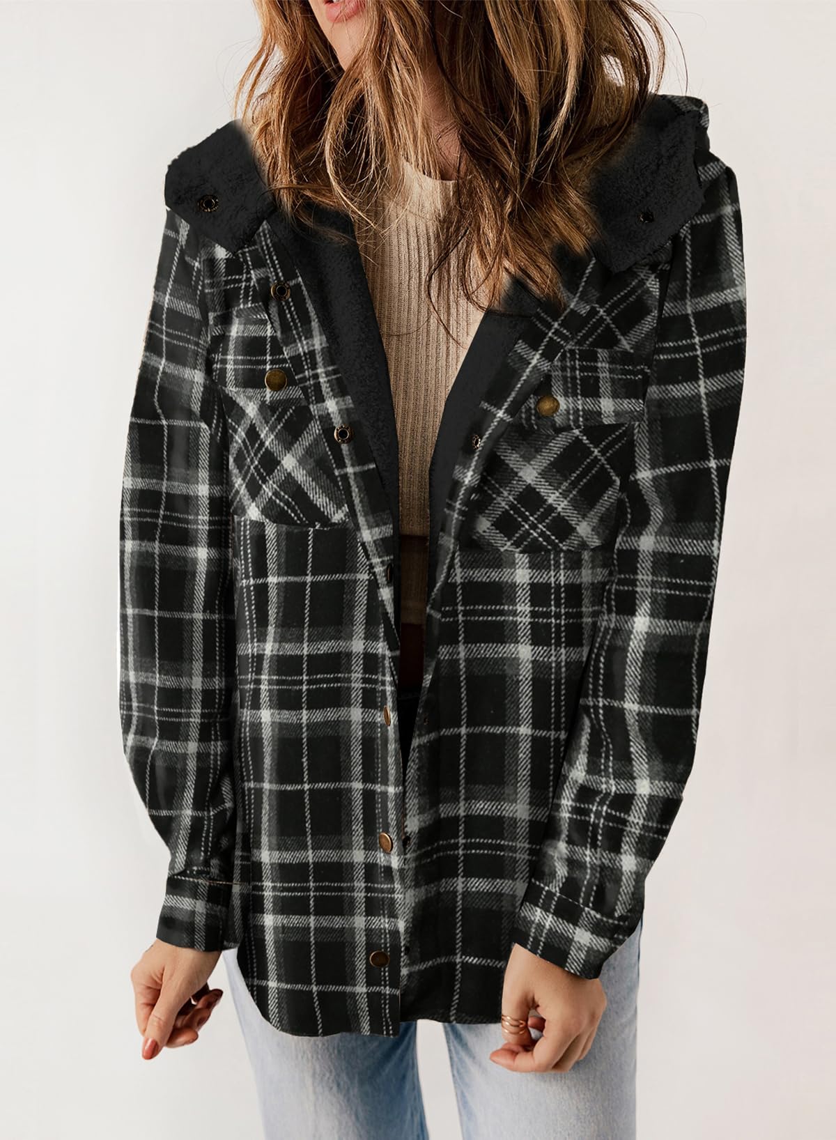 ⏰Hot Sale-Women's Plaid Long Sleeve Button Fleece Hooded Jacket