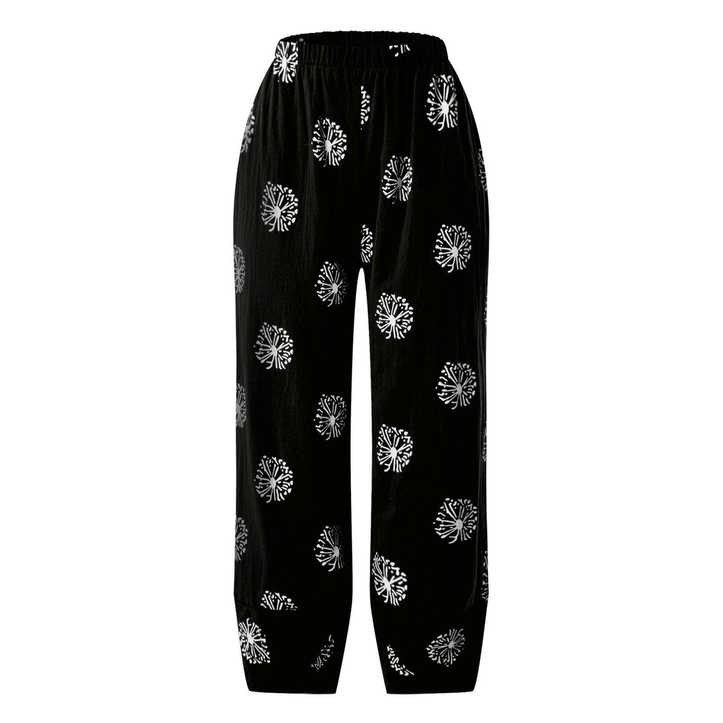 Women Printed Cotton Linen Wide Leg Drawstring Waist Capris Crop Pants