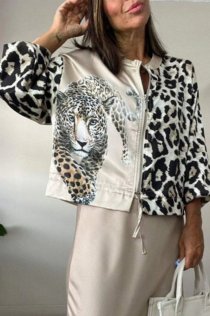 Leopard Unique Print Zipper Drawstring Hem Bomber Jacket