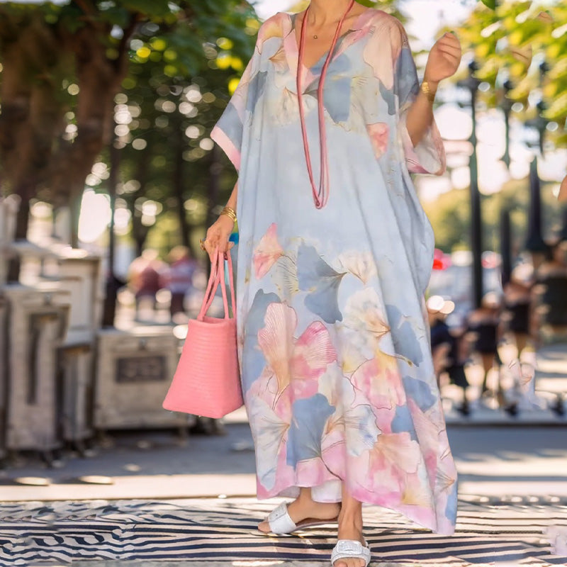🔥Floral Print Loose Long Dress with Half Sleeves