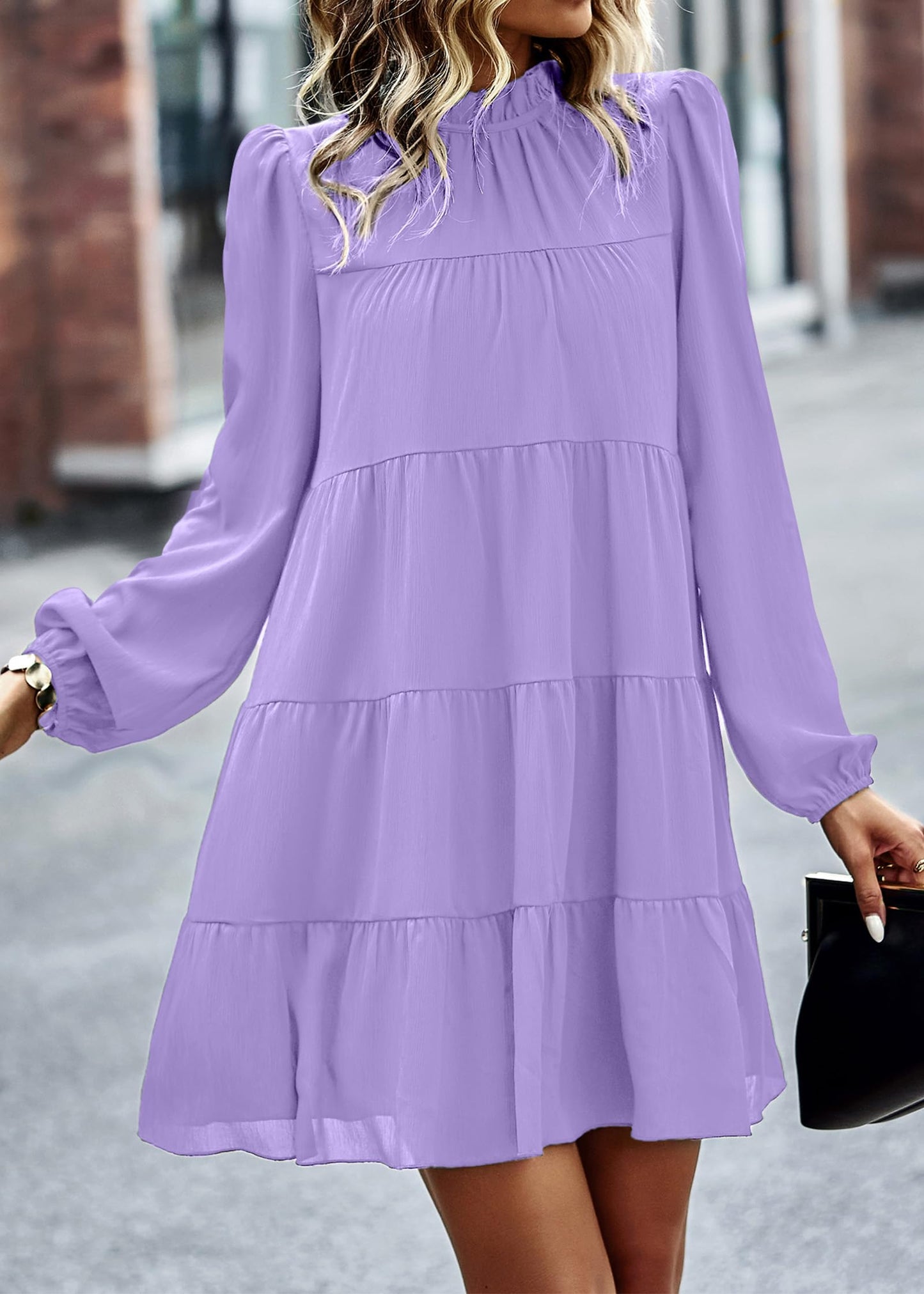 Womens Casual Long Sleeve Mock Neck Ruffle Tiered Babydoll Dress